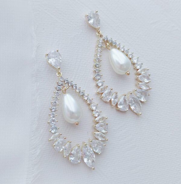 Gold Statement Pearl CZ Bridal Earrings