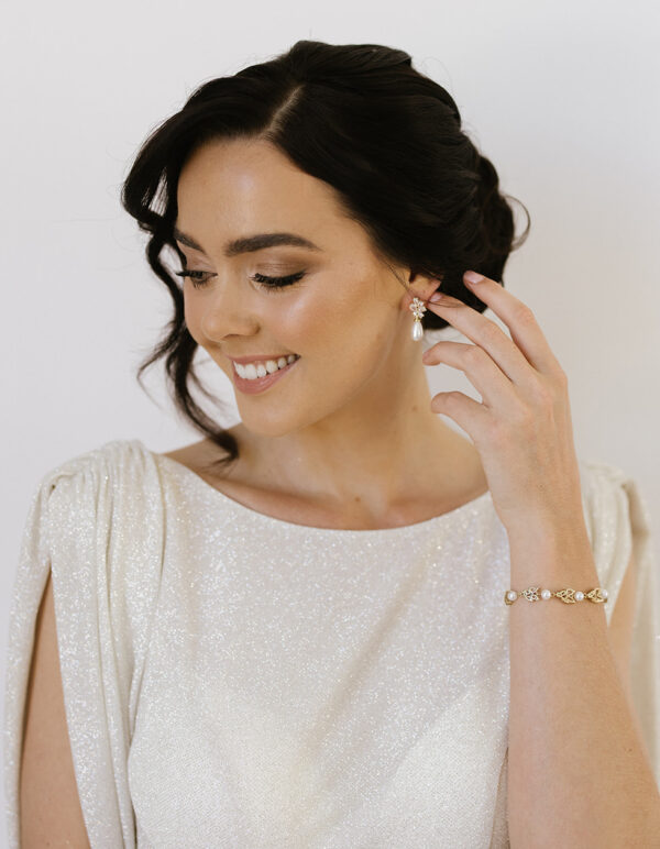 Gold Cassia Pearl CZ Bridal Drop Earrings