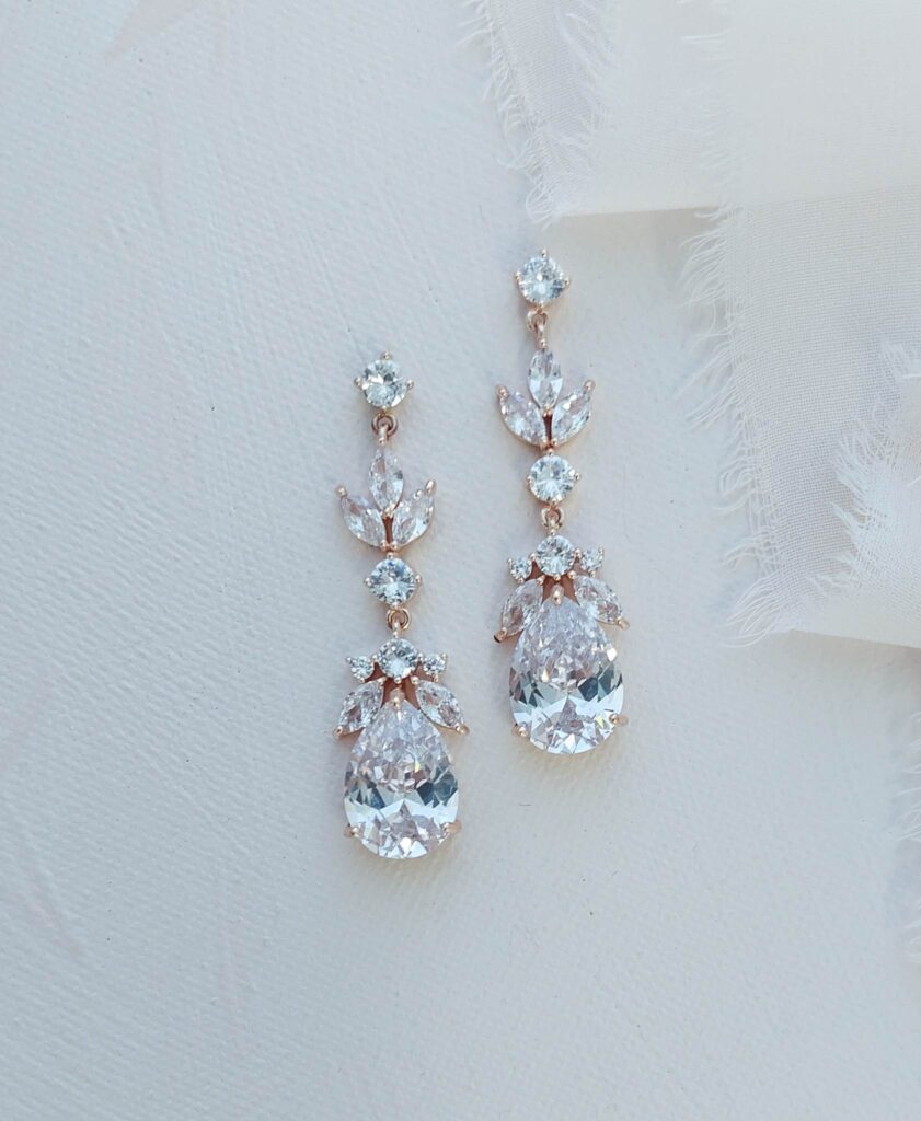 Rose Gold Kira CZ Teardrop Bridal Earrings - Little White Couture