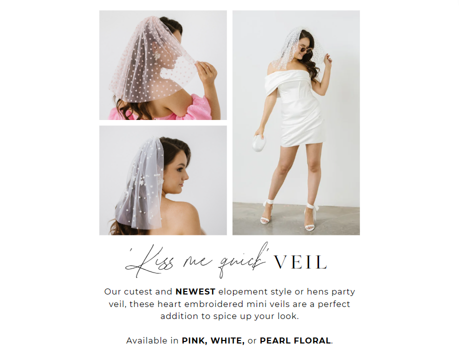 Our cutest and NEWEST elopement style or hens party veil, these heart embroidered mini veils are a perfect addition to spice up your look.Available in PINK, WHITE, or PEARL FLORAL.